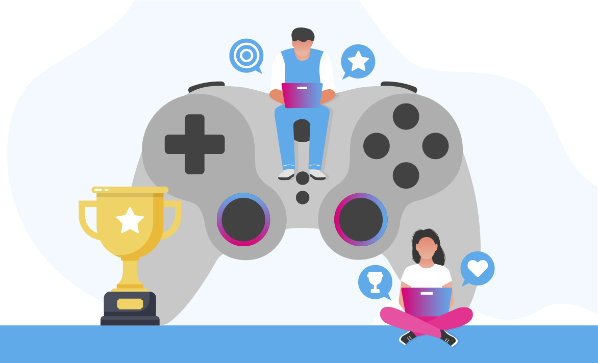 Illustration of healthcare professionals engaging with scientific data through digital gamification