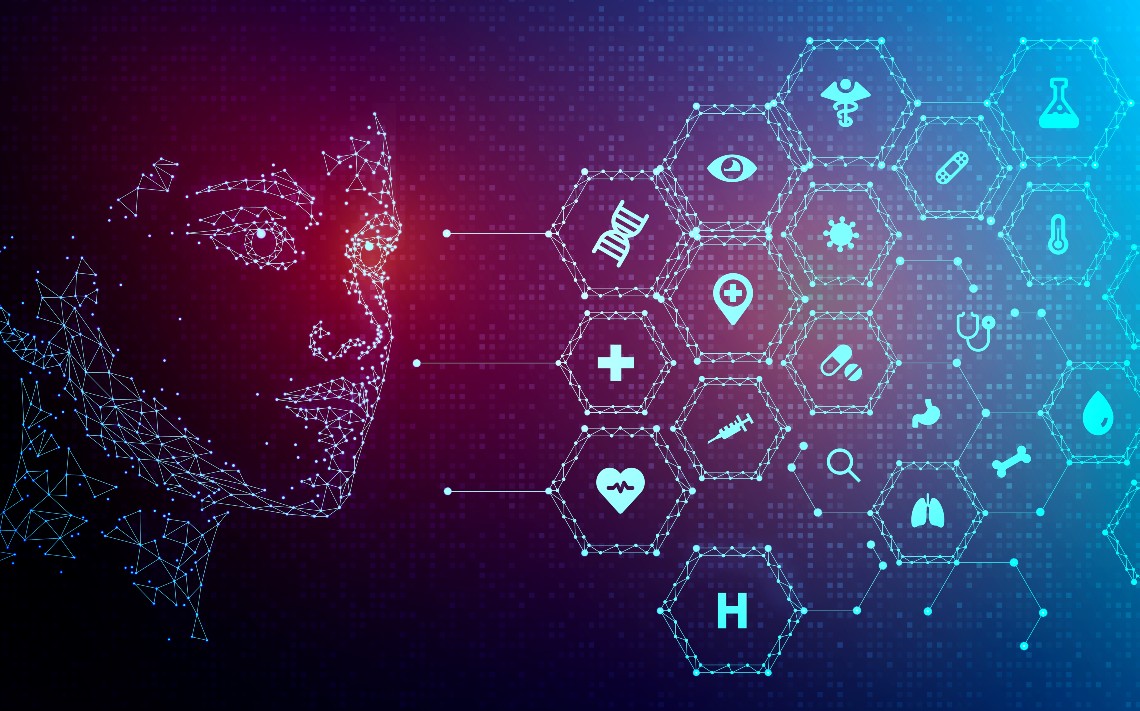 Illustration of artificial Intelligence (AI) in healthcare diagnosis and medical communications